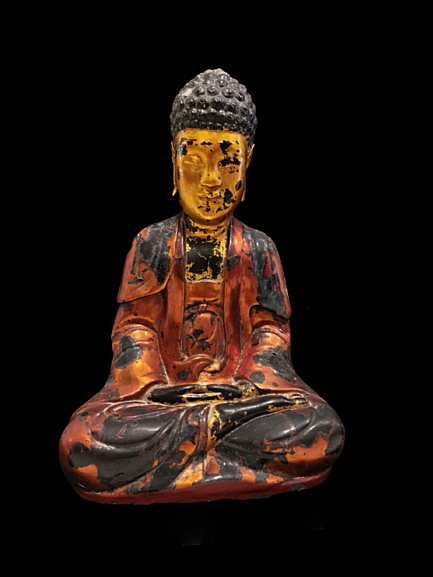 Lacquer wood polychrome painted  Seated Buddha in Dhyana mudra - CO673